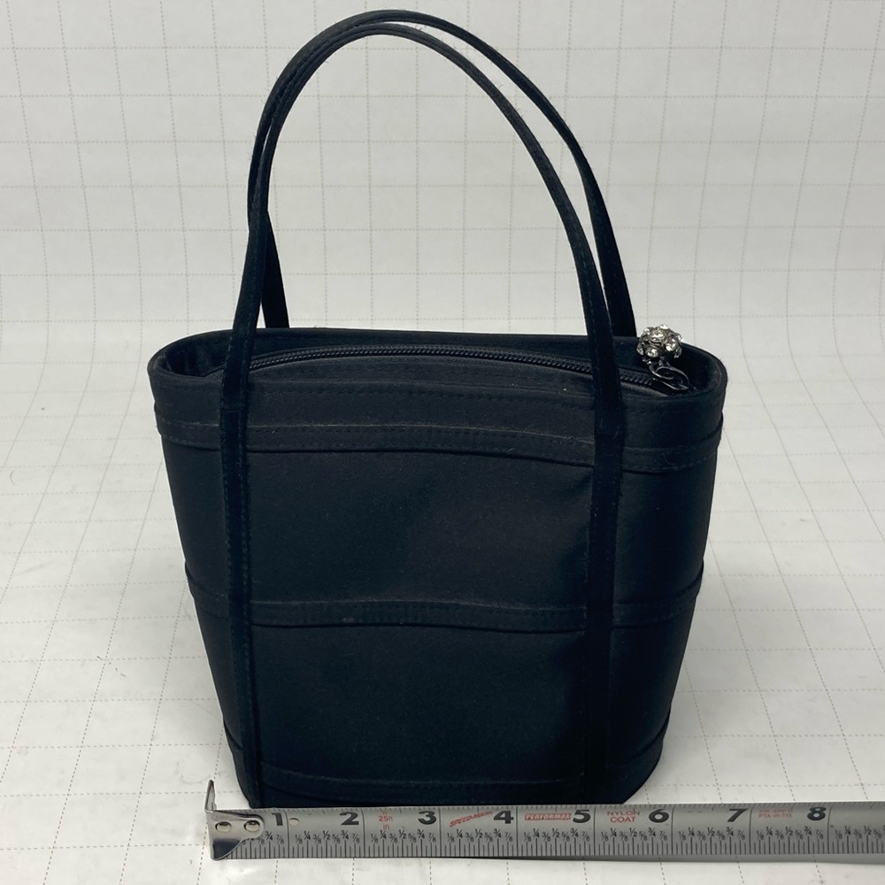 Mini Carlo Fellini black satin bucket evening bag w/ jeweled zipper ball charm - Picture 3 of 7